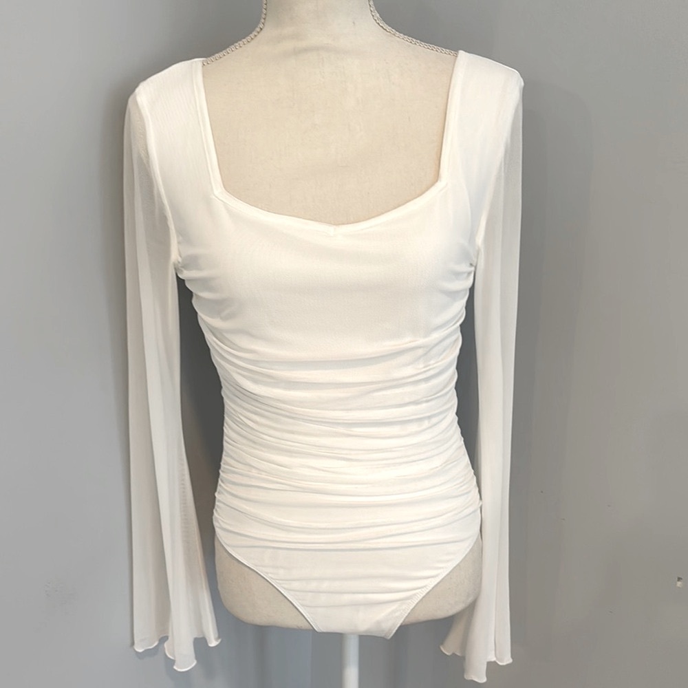 White Fitted Ruched Long Sleeve Bodysuit